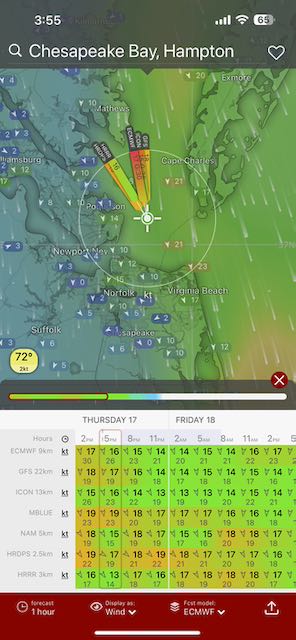 Windy app view, wind forecast model comparison