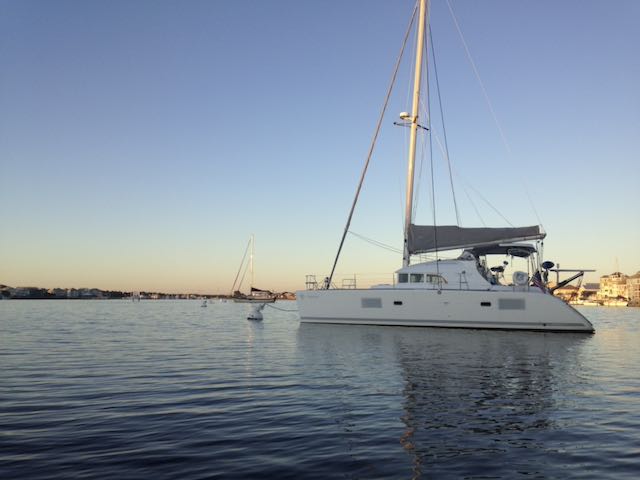 Catamaran on mooring ball