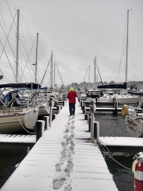 snow in marina, chesapeake bay