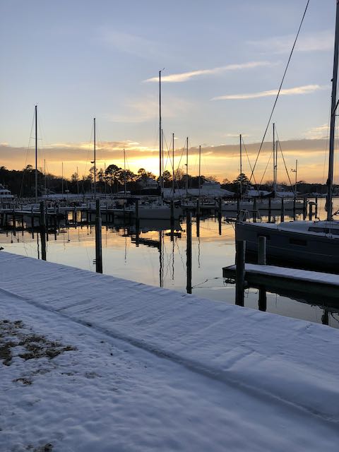 snow in marina, chesapeake bay